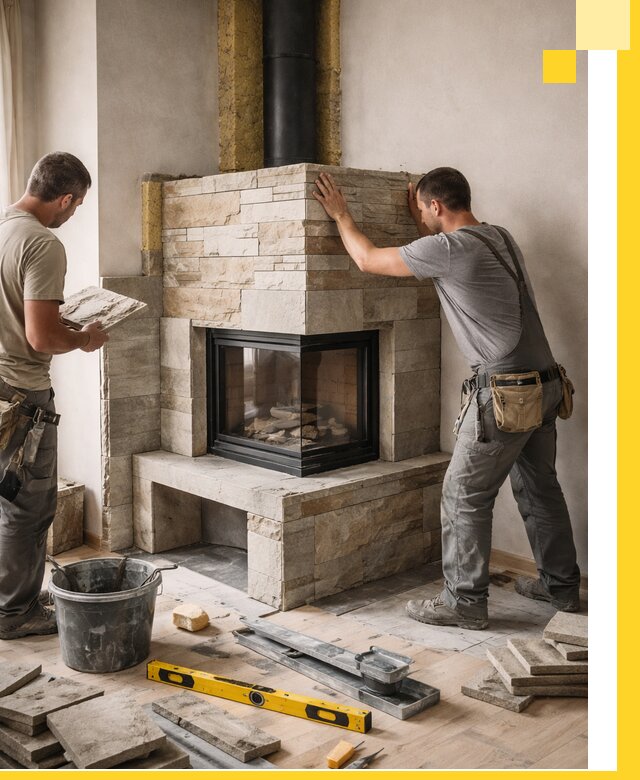 Угловые камины под ключ проект, монтаж и отделка в Ачинске